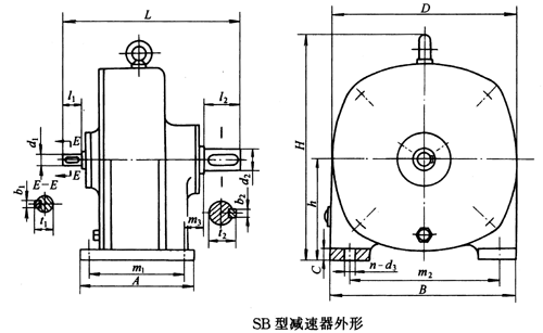SB系列雙擺線針輪減速機外形及安裝尺寸、針齒中心圓直徑及傳動比